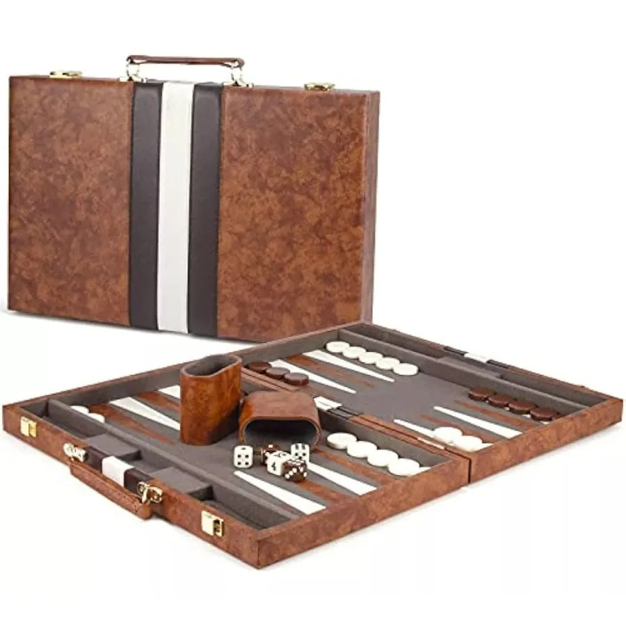 38cm Backgammon Set Classic Folding Board with Leather Case, Portable Travel Game, Ideal Gift Package for Strategy Lovers