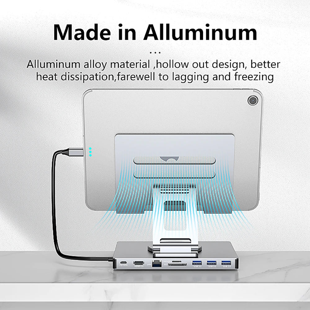 9-in-1 Tablet Docking Station USB C HUB Type C to HDMI2.0 4K 60Hz USB 3.0 5Gbps Fast 1000Mbps RJ45 Adapter PD 100W for PC Laptop