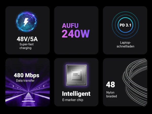 AUFU 16pin 180 Rotate Magnetic Cable 240W Fast Charging Micro USB Type C Cable For iPhone Xiaomi Samsung Magnet USB Phone Cable