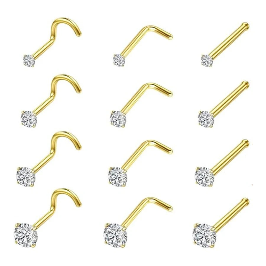 4-12pcs Cubic Zirconia Nose Studs 20G Nose Piercing Jewelry Bone L Shaped Shiny Crystal Bone Nostril Piercing Jewelry