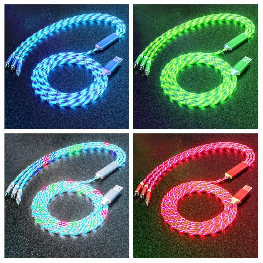 NNBILI 3 IN 1 Glowing LED Light party Phone Charger Luminous USB Type C Cable For Xiaomi iPhone 14 Samsung S24 Phone Accessories