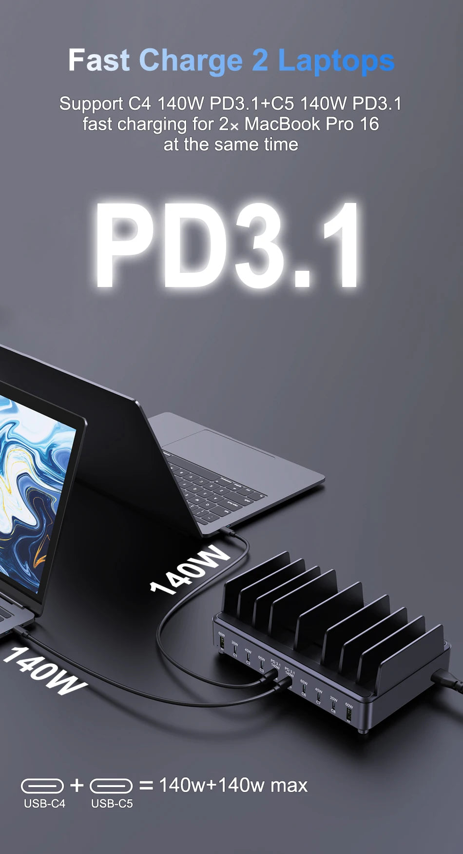 Ueetop 600W Multi USB Fast Charger 10-Port GaN PD 3.1 Charging Station Stand for MacBook iPhone 16 15 iPad Samsung Tablet Laptop