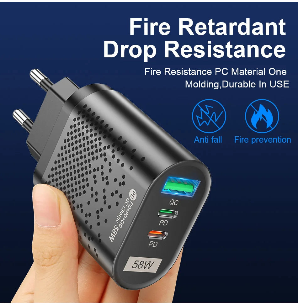 USLION 58W USB C Charger Travel Fast Charging Charger Tablet Laptop PD Quick Charge 3.0 Wall Phone Adapter For iPhone 15 Xiaomi