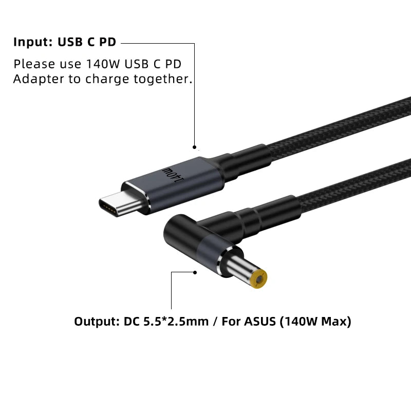 65W 90W 140W USB C PD to DC Universal Laptop Charger Cable for Asus Dell Hp 5.5X2.5 7.4X5.0 4.5X3.0mm DC Power Adapter Converter