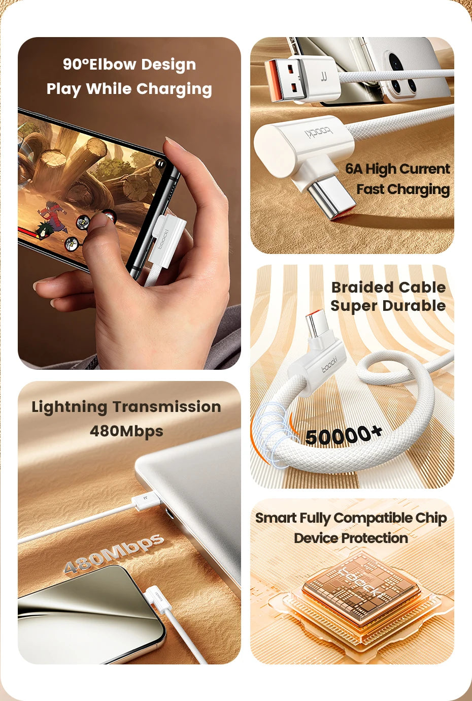 Toocki 100W Elbow 90 Degree USB A to Type C Fast Charging Cable 6A USB C Data Cable For Huawei Samsung Xiaomi Iphone16 15 Tablet