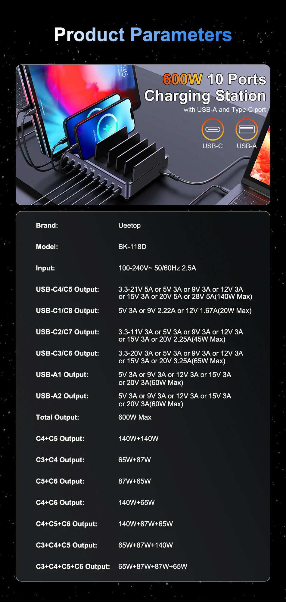 Ueetop 600W Multi USB Fast Charger 10-Port GaN PD 3.1 Charging Station Stand for MacBook iPhone 16 15 iPad Samsung Tablet Laptop