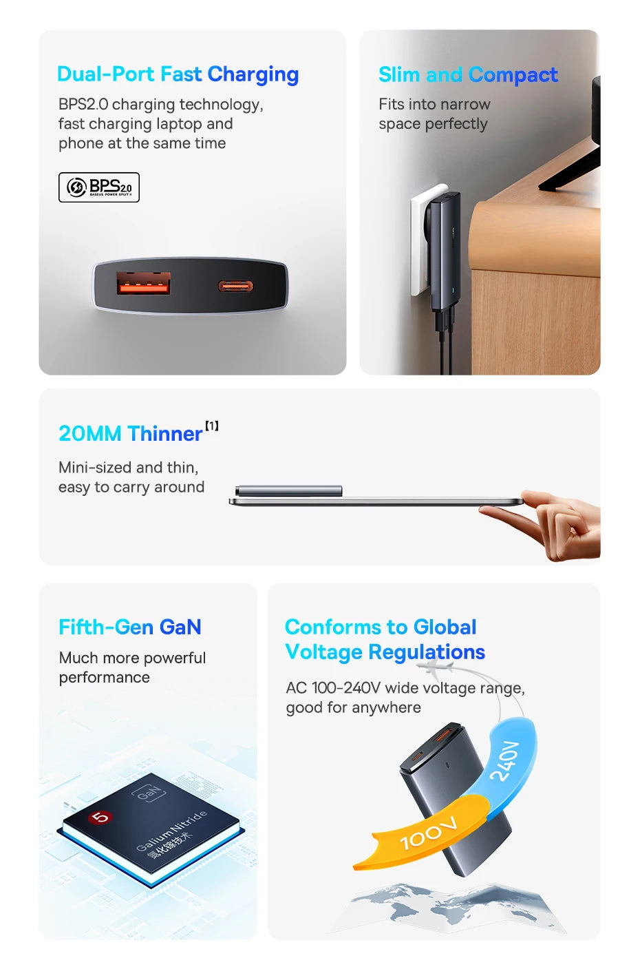 Baseus 65W GaN5 Charger Quick Charge QC 3.0 4.0 USB Type C Charger Portable Travel Charger Fast Charging For Laptop iPhone 14 13