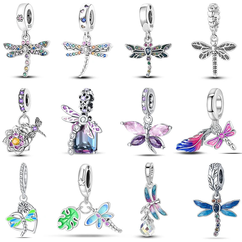 100% 925 Sterling Silver Exquisite Colored Dragonfly Charms Pendants Sparkling Zircon Fit Qikaola Original Bracelets DIY Jewelry