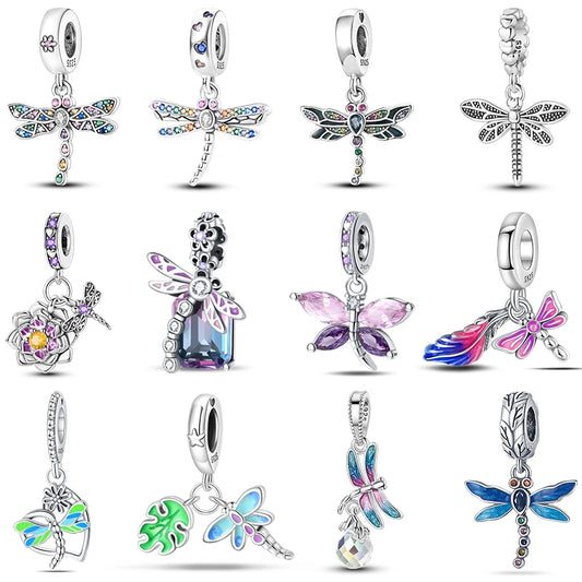 100% 925 Sterling Silver Exquisite Colored Dragonfly Charms Pendants Sparkling Zircon Fit Qikaola Original Bracelets DIY Jewelry
