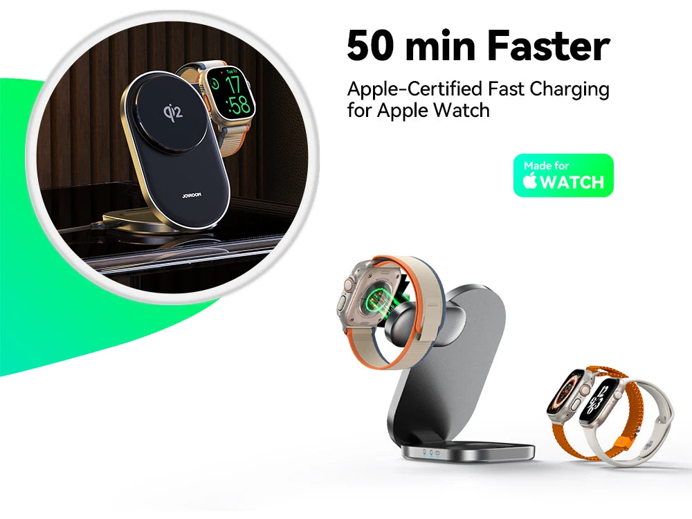 Joyroom Qi2 3 in 1 Wireless Charging Station Foldable Fast Wireless Charger Stand for iPhone 16/15/14/13/12 & Apple Watch JR-W17