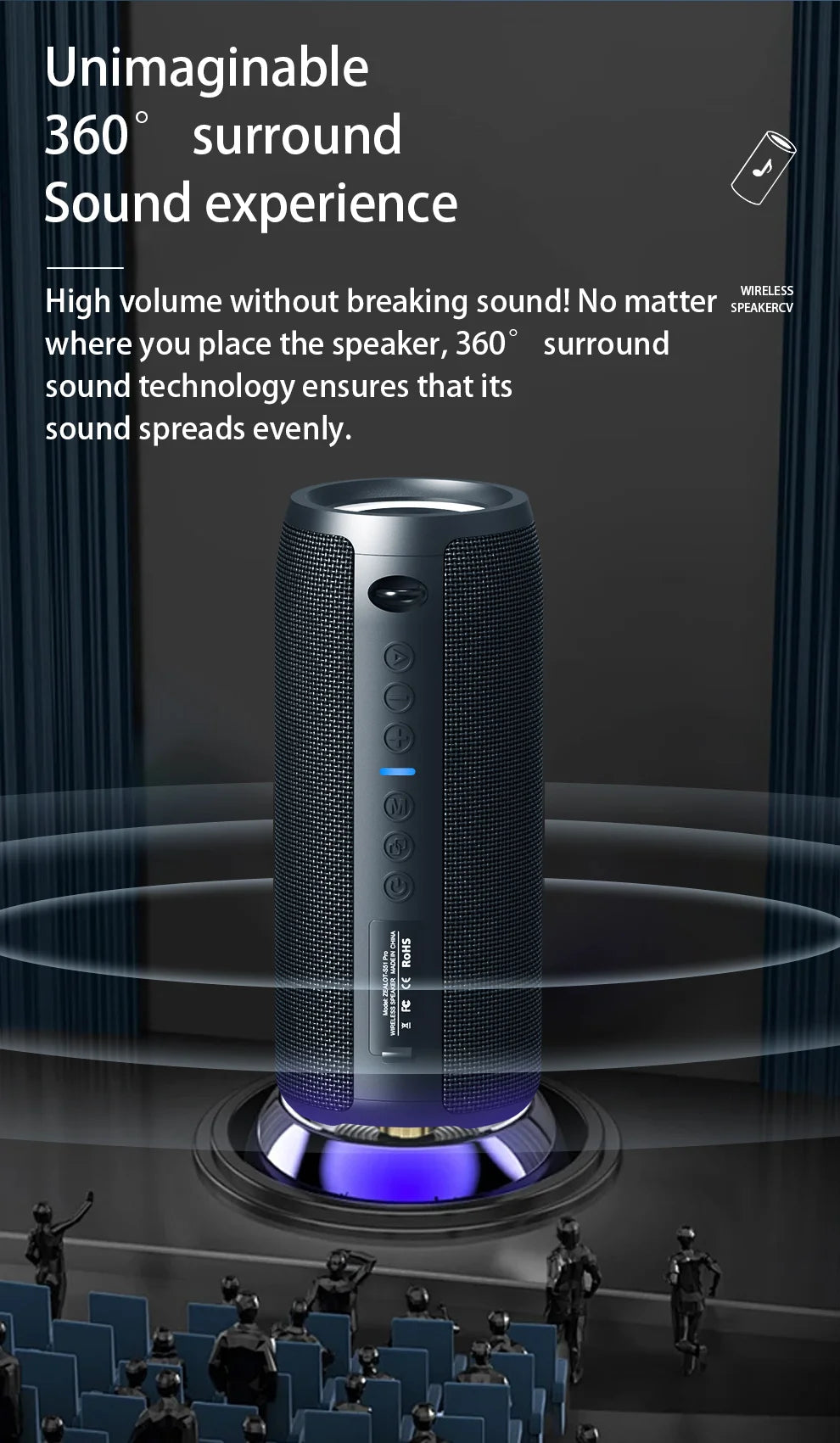 ZEALOT S51 Pro 40W Wireless Speakers, Outdoor Portable Subwoofer Speaker, Waterproof IPX 6,  Dual Pairing,5200mAh Battery.