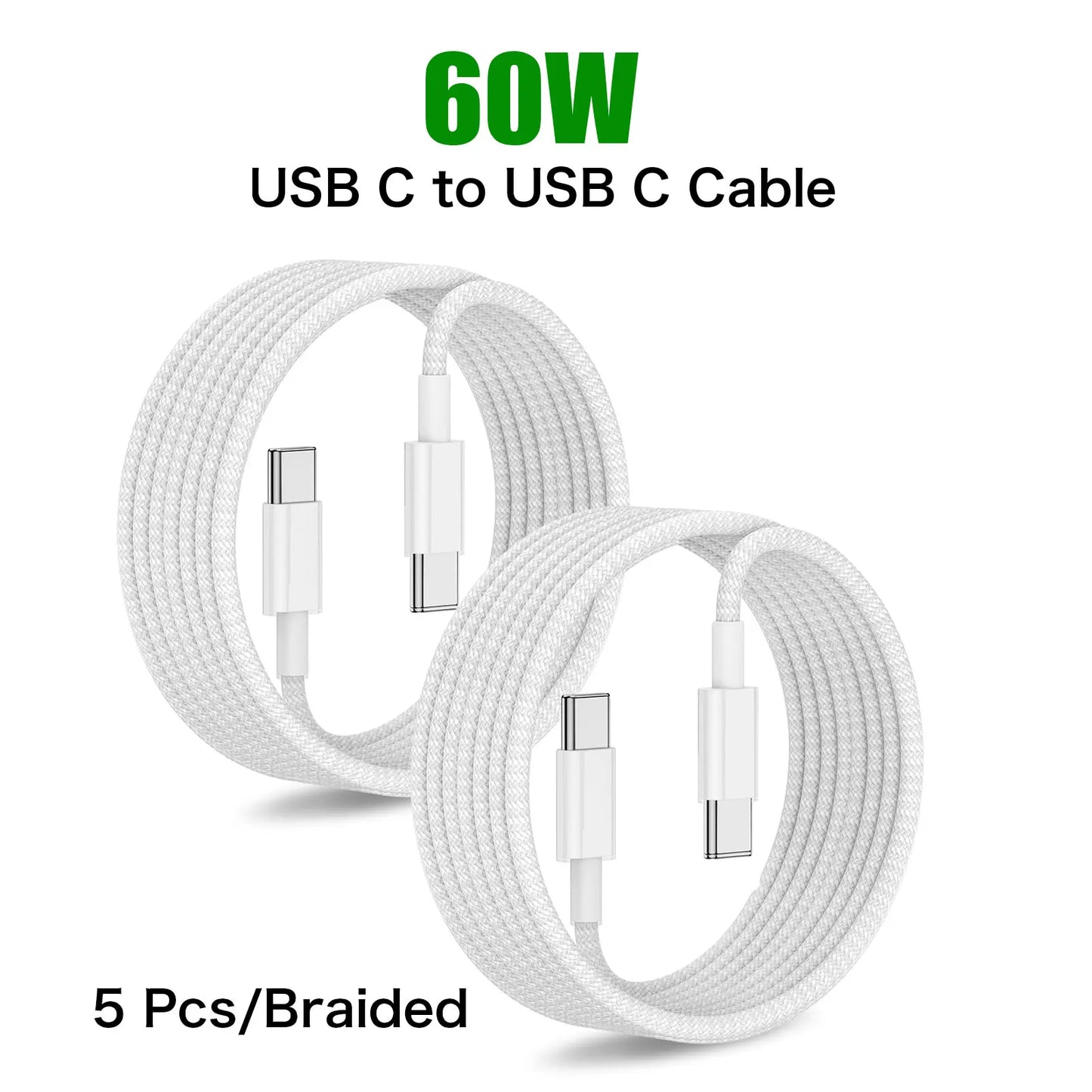 5-2 PCS 60W USB C to USB C Cable for iPhone 16 15 pro Samsung Xiaomi iPad AirPods Macbook Type C To Type C Braided Charger Cable