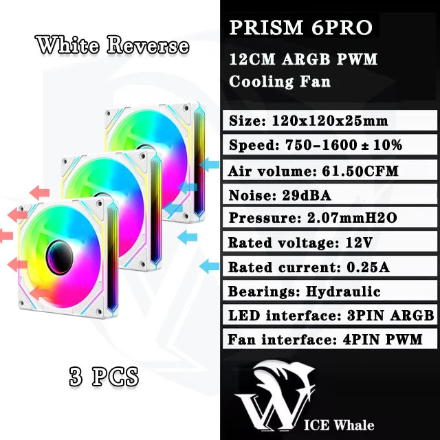 ICE Whale Prism 6PRO PC Case Fan 12cm 3-sided Infinite Mirror 5V 3PIN ARGB Motherboard Lighting Sync 4PIN PWM Silent Cooling Fan