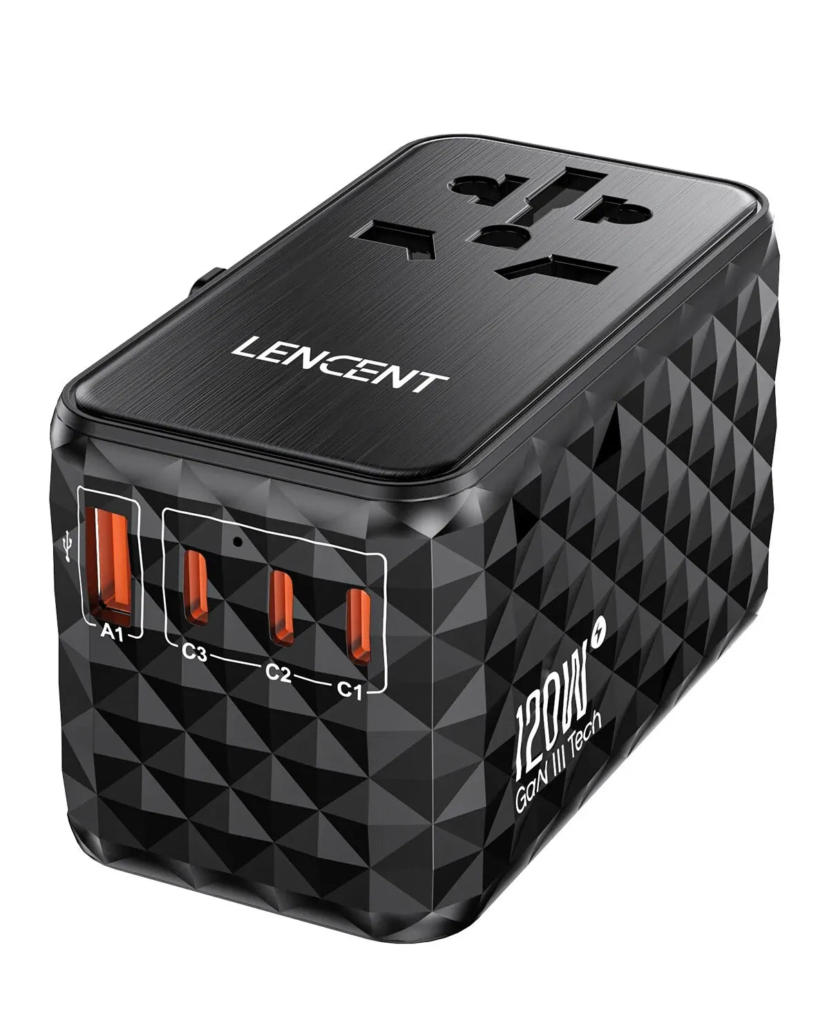 LENCENT 120W GaN Universal Travel Adapter With1 USB-A+3 Type-C All-in-one Adapter Fast Charger EU/UK/USA/AUS Plug for Travel