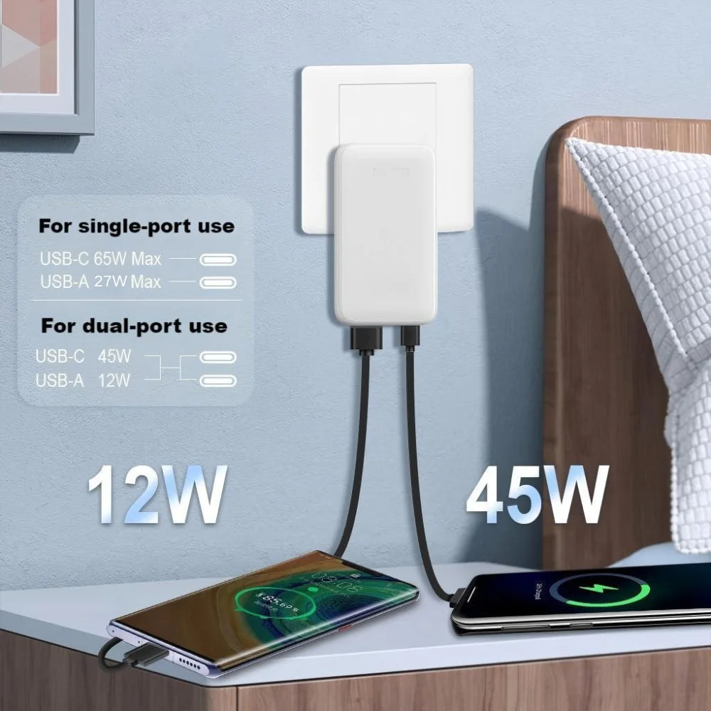Flat USB C Wall Charger 65W GaN USB-A USB-C Wall Charger Ultra Slim Folding Travel Dual Port USB Wall Charger For Phones Tablets