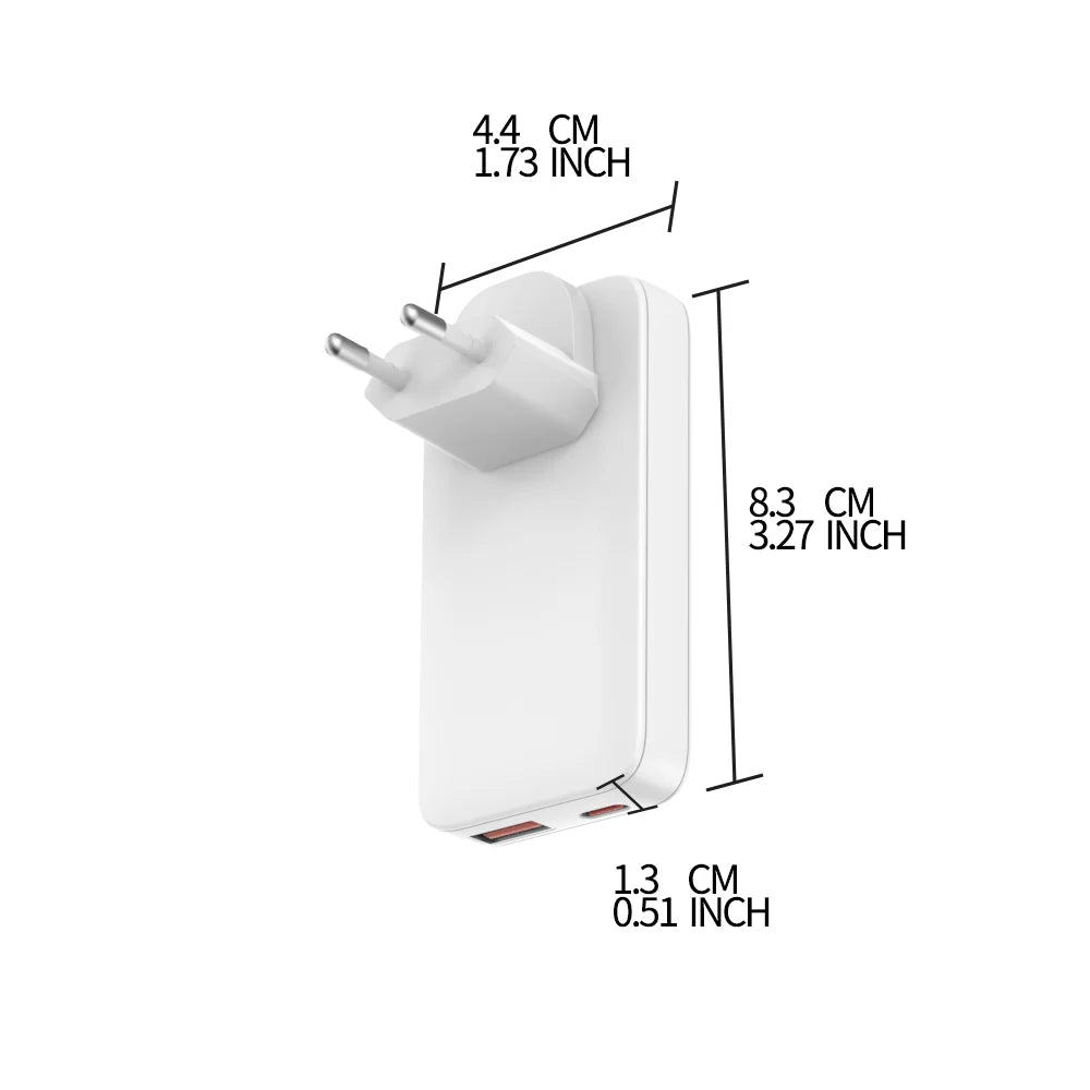 Flat USB C Wall Charger 65W GaN USB-A USB-C Wall Charger Ultra Slim Folding Travel Dual Port USB Wall Charger For Phones Tablets