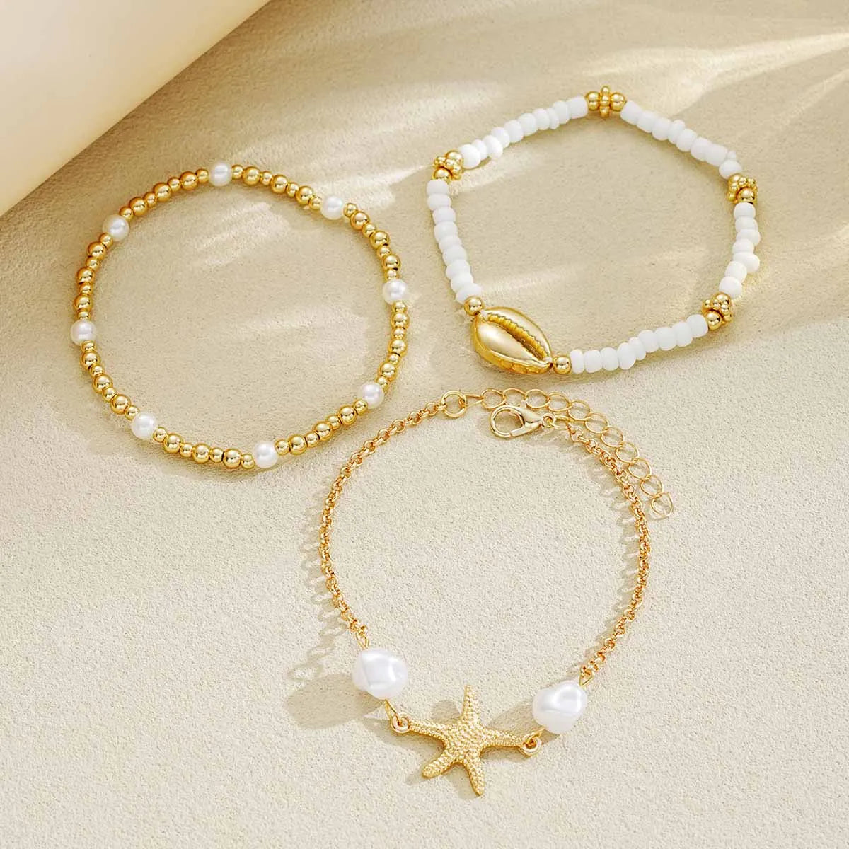 3Pcs/Set Seaside Bohemian Starfish Shells Anklet Set for Women Gold White Color Rice Beads Foot Chain Summer Beach Jewelry Gifts