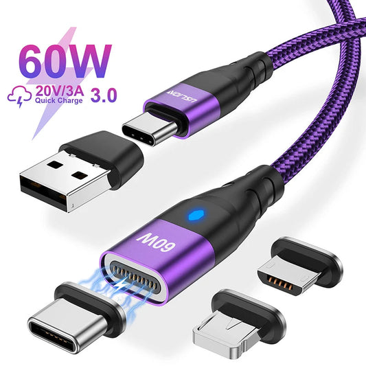 USLION 60W PD Fast Charger Cable USB C To Type C Micro Magnetic Data Cord 3A USB Cable For iPhone 13 Macbook Huawei Samsung S22