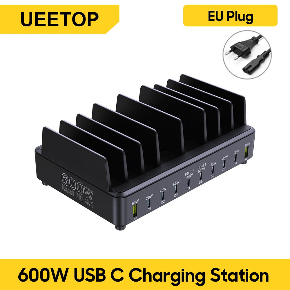Ueetop 600W Multi USB Fast Charger 10-Port GaN PD 3.1 Charging Station Stand for MacBook iPhone 16 15 iPad Samsung Tablet Laptop