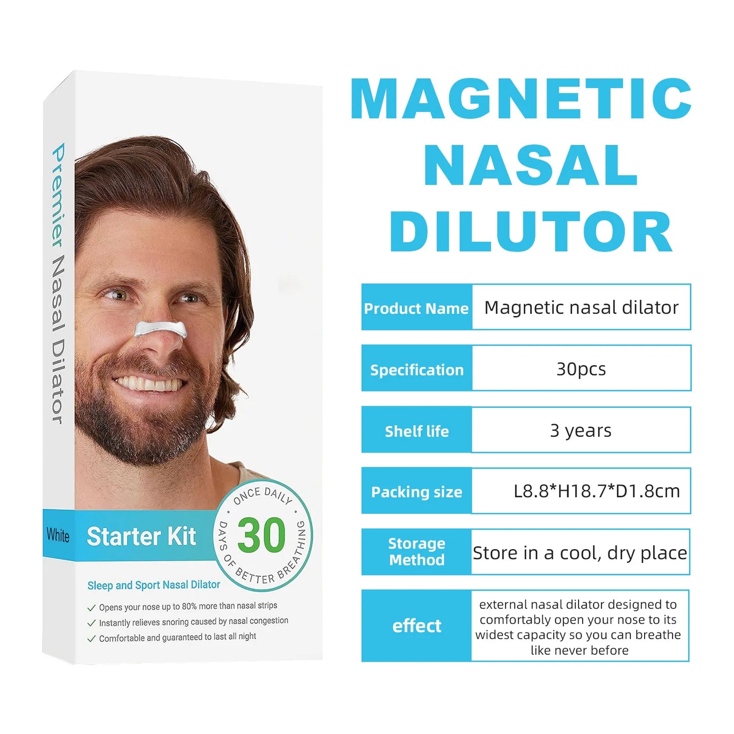 30Days/Box Sport Nasal Dilator Sleep Aid Magnetic Nose Strips Breathing Dilators Starter Kit for Snoring Reduction