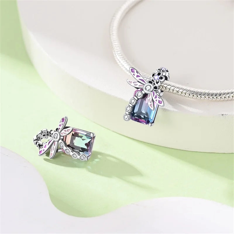 100% 925 Sterling Silver Exquisite Colored Dragonfly Charms Pendants Sparkling Zircon Fit Qikaola Original Bracelets DIY Jewelry