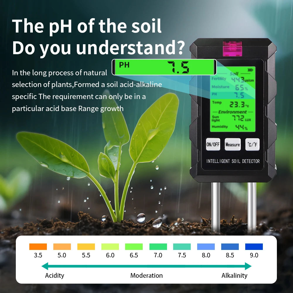 6 in 1 Soil PH Meter Sunlight Ambient Humidity Temp Soil Moisture Tester Nutrient Fertility Detector Garden Soli Analyzer