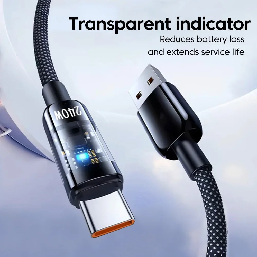 NNBILI USB C Quick Charging Cable 240W Nylon Braided Transparent Type C High-speed Charger Wire for Samsung Huawei Mi Data Line
