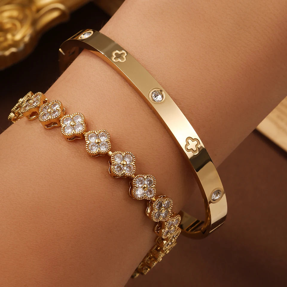 2PCS French Lucky Clover Bracelet Set For Women High Quality Stainless Steel INS Hot Selling Bracelet Charm Feeling Jewelry Gift