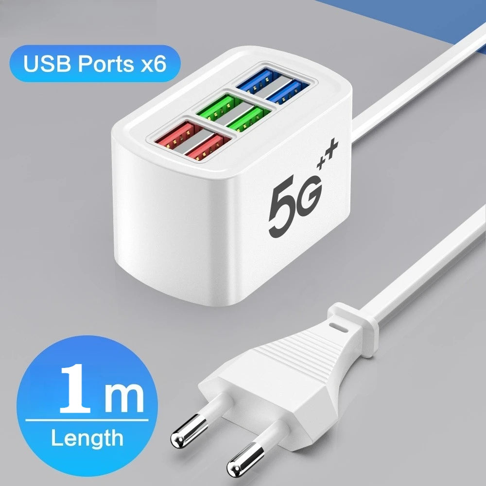 Universal 6 Ports USB Charger Fast Charging Power Strip Adapter Quick Charge Socket For iPhone 15 16 Xiaomi Wall Charger Sockets