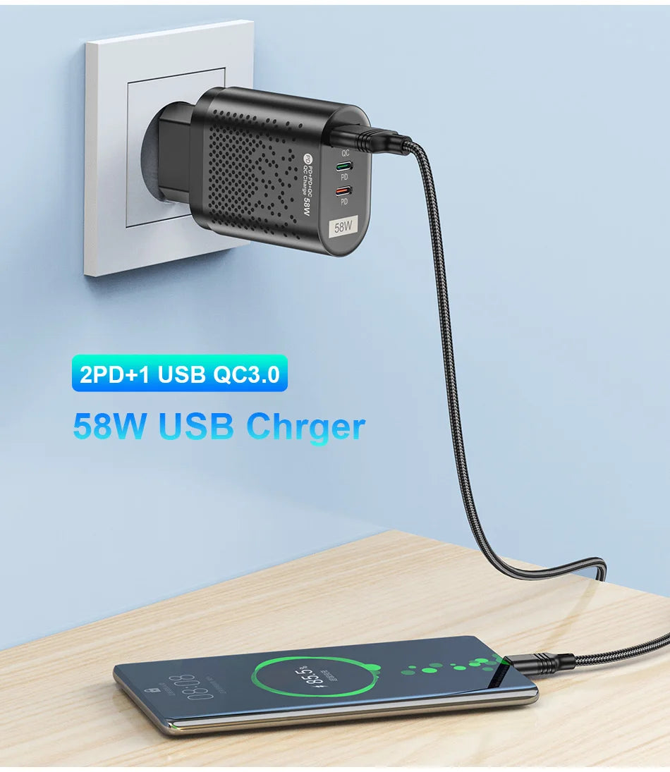 USLION 58W USB C Charger Travel Fast Charging Charger Tablet Laptop PD Quick Charge 3.0 Wall Phone Adapter For iPhone 15 Xiaomi