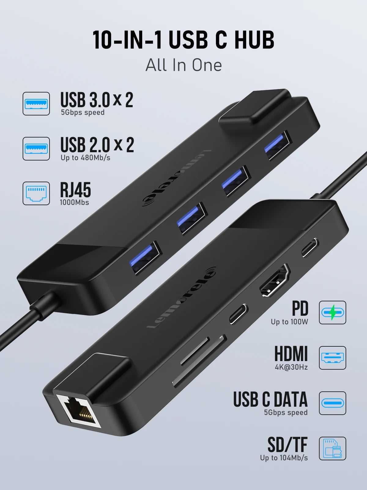 Lemorele 10 in 1 USB C HUB Docking Station Type C Adapter 4K@60Hz HDMI 100W PD RJ45 1000Mbps Ethernet SD/TF Slot for Mac Laptop
