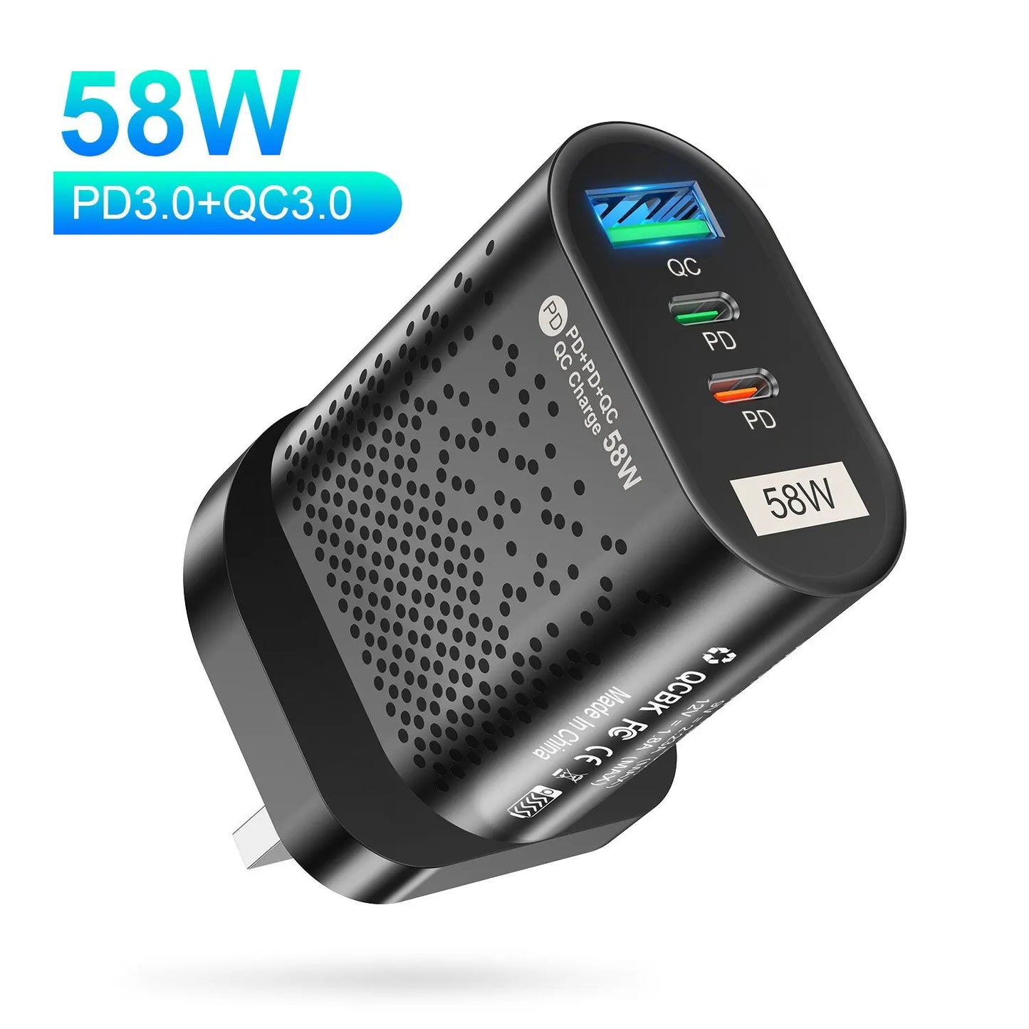 USLION 58W USB C Charger Travel Fast Charging Charger Tablet Laptop PD Quick Charge 3.0 Wall Phone Adapter For iPhone 15 Xiaomi