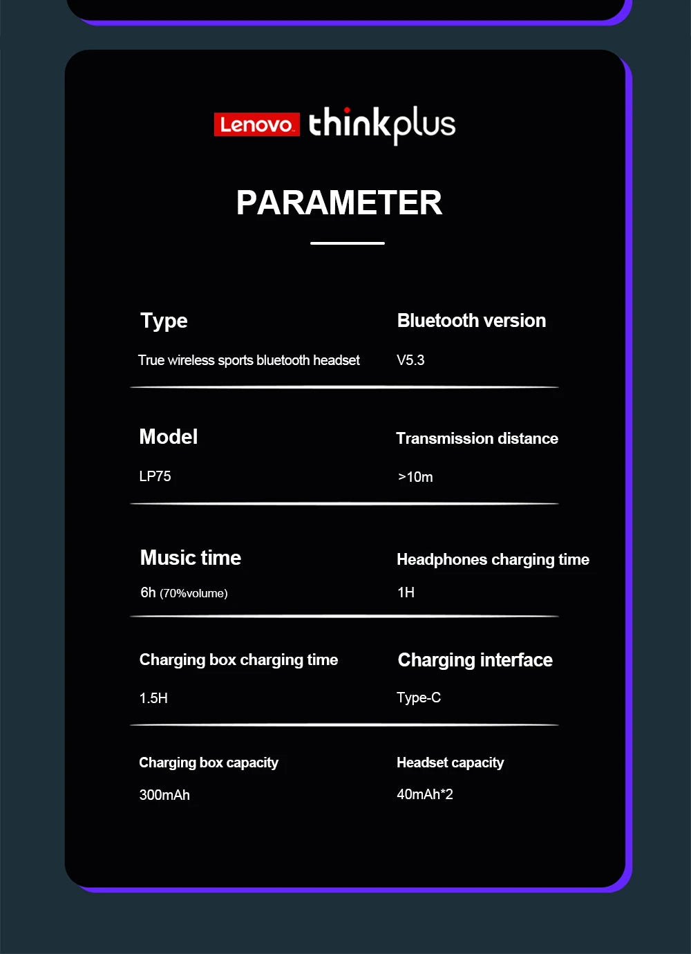 Lenovo LP75 Sports Wireless Earphones with Mics,Button Control, LED Power Display,Hifi Stereo Sound Bluetooth 5.3 TWS Headphones