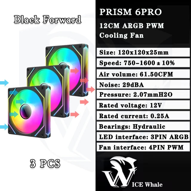 ICE Whale Prism 6PRO PC Case Fan 12cm 3-sided Infinite Mirror 5V 3PIN ARGB Motherboard Lighting Sync 4PIN PWM Silent Cooling Fan