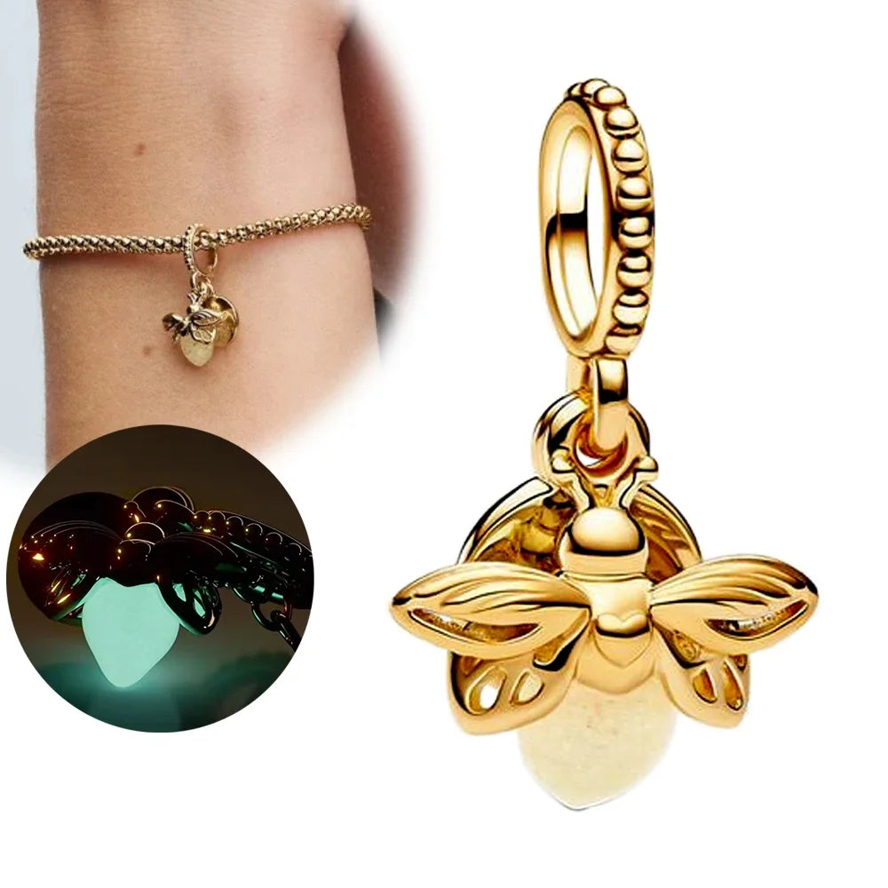 Sterling Silver 925 Gold Glow in The Dark Firefly Pendant Fit Bracelet Women DIY Pendant for Jewelry Making Gifts