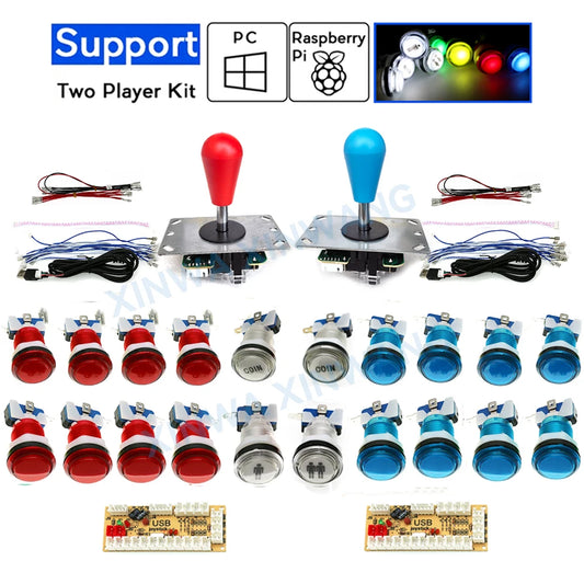 DIY Arcade Game Kit 2 Players Set Light Push Button American Style Joystick USB Encoder Cables For PC Raspberry Pi Mame Parts
