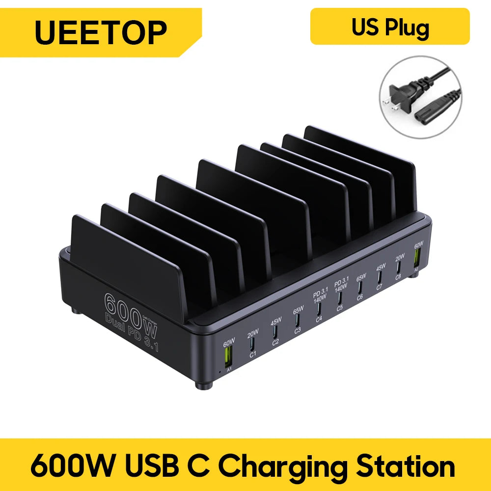 Ueetop 600W Multi USB Fast Charger 10-Port GaN PD 3.1 Charging Station Stand for MacBook iPhone 16 15 iPad Samsung Tablet Laptop