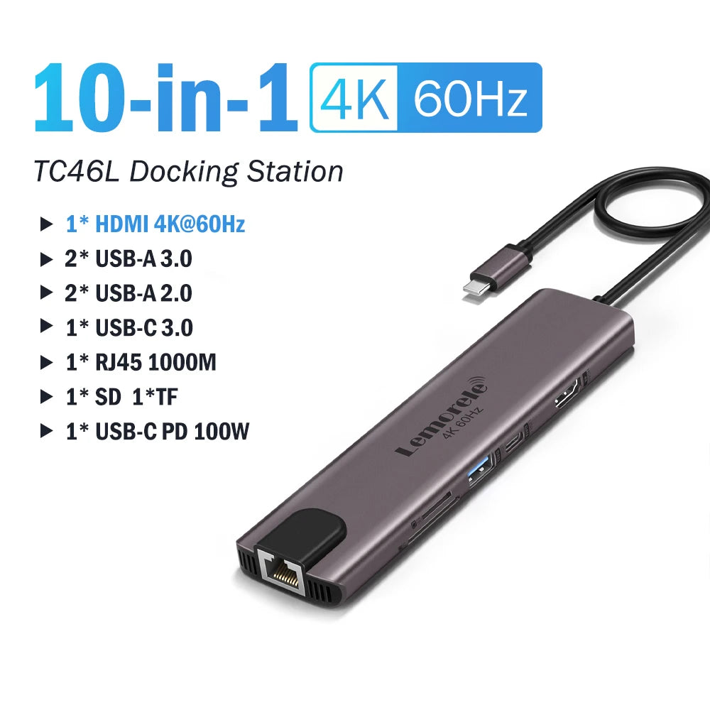 Lemorele 10 in 1 USB C HUB Docking Station Type C Adapter 4K@60Hz HDMI 100W PD RJ45 1000Mbps Ethernet SD/TF Slot for Mac Laptop