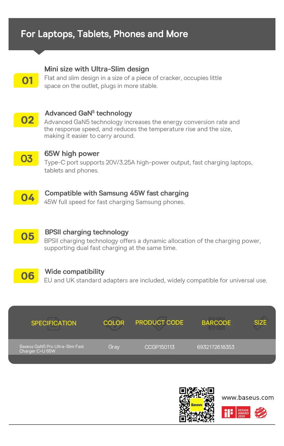 Baseus 65W GaN5 Charger Quick Charge QC 3.0 4.0 USB Type C Charger Portable Travel Charger Fast Charging For Laptop iPhone 14 13