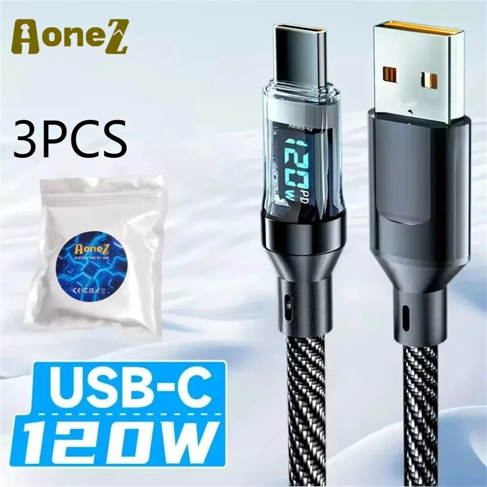 Multi Device Fast Charger Cable 60-120W with LED Display USB A to C and C to C Super Fast Charge for Huwei OPPO iPhone 15 Mac