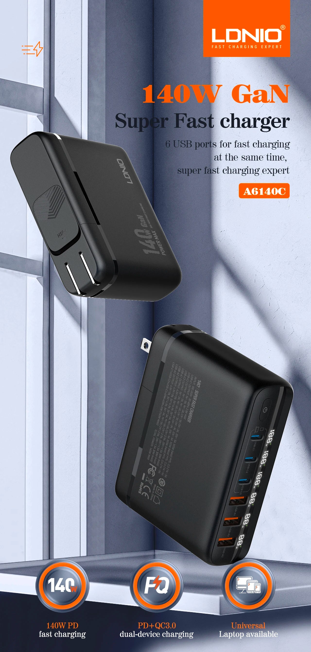 LDNIO Gan 140W Fast Charger Type C Digital Display Cellphones USB Charging For Xiaomi 14 Iphone Charge EU US UK Convertible Plug