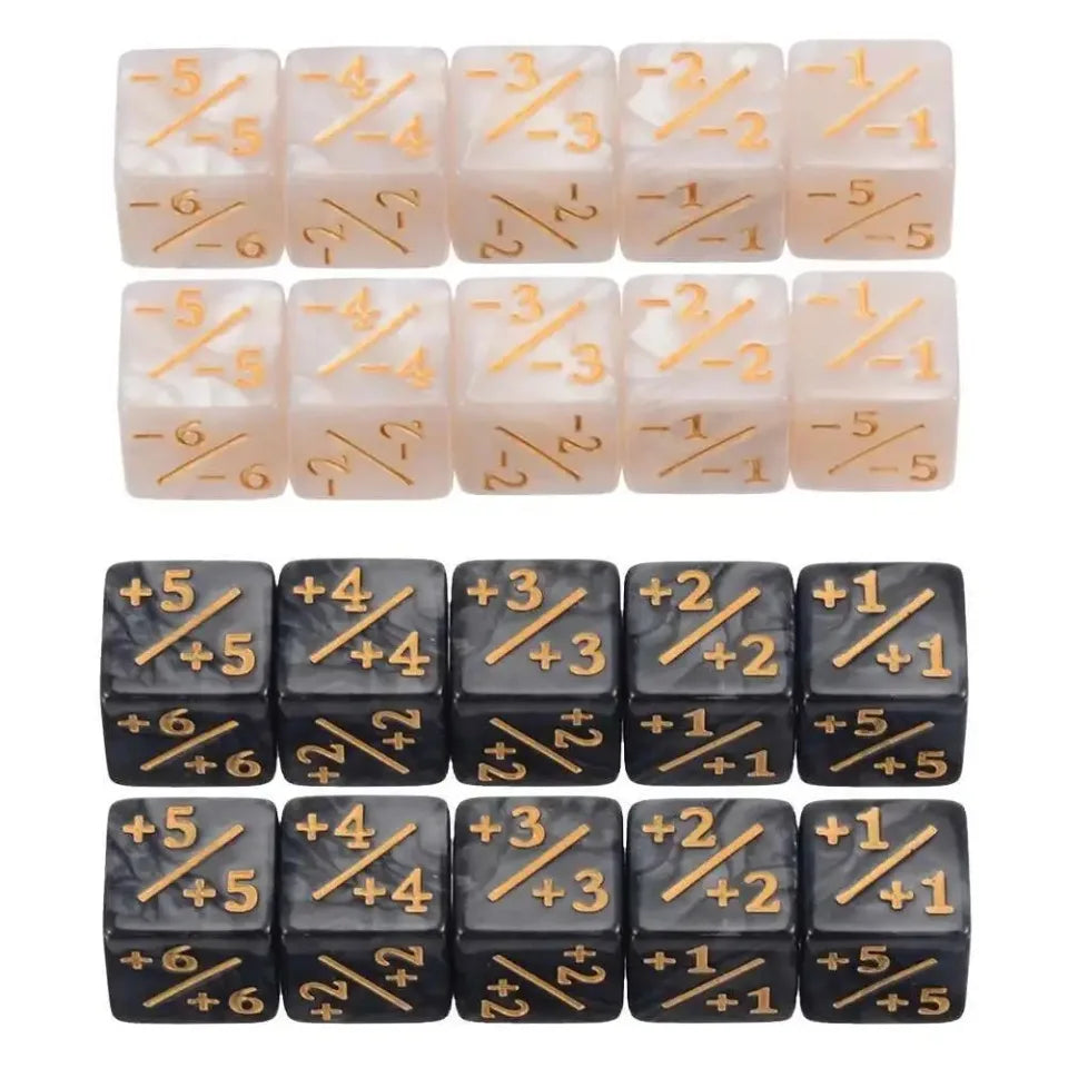 10pcs 1.6cm/0.63-inch dice counter with positive+1/+1 and negative -1/-1 dual color positive and negative dice