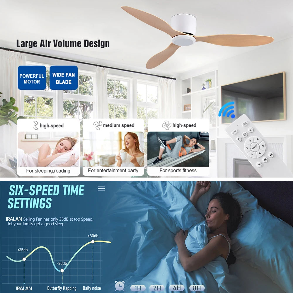 IRALAN 42inch/52inch Ceiling Fan without Light,6-Speed Reversible,Timer,Outdoor Bedroom Living Room-White/Black/Wood