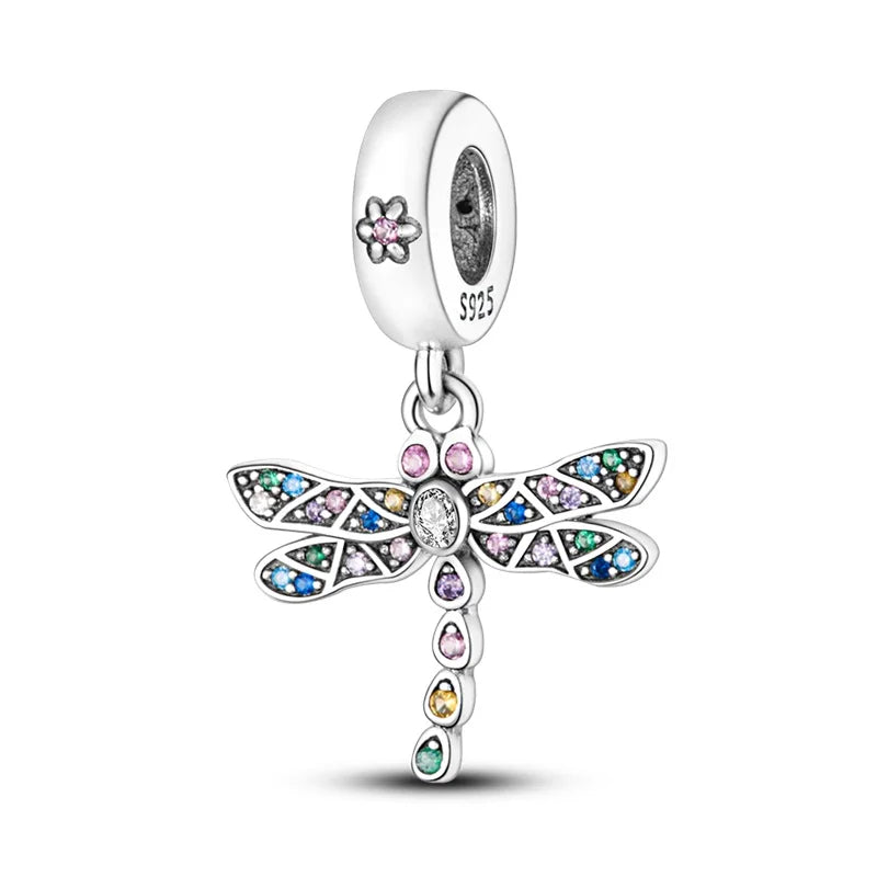 100% 925 Sterling Silver Exquisite Colored Dragonfly Charms Pendants Sparkling Zircon Fit Qikaola Original Bracelets DIY Jewelry