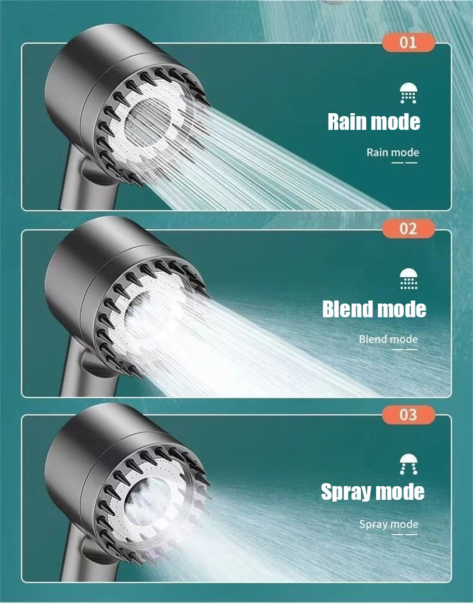 3 Modes High Pressure Water Saving Filter Powerful Shower Head Massage Spa Handheld Showerhead with ON/OFF Switch for Bathroom