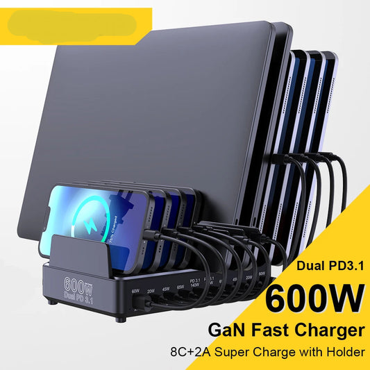 Ueetop 600W Multi USB Fast Charger 10-Port GaN PD 3.1 Charging Station Stand for MacBook iPhone 16 15 iPad Samsung Tablet Laptop
