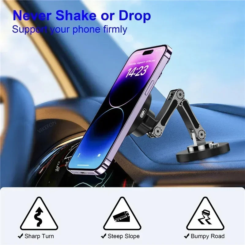 Car Magnetic Wireless Charger Dashboard Phone Holder Adjustable Long Arm For Magsafe iPhone 16 15 14 13 12 Pro Max Fast Charging