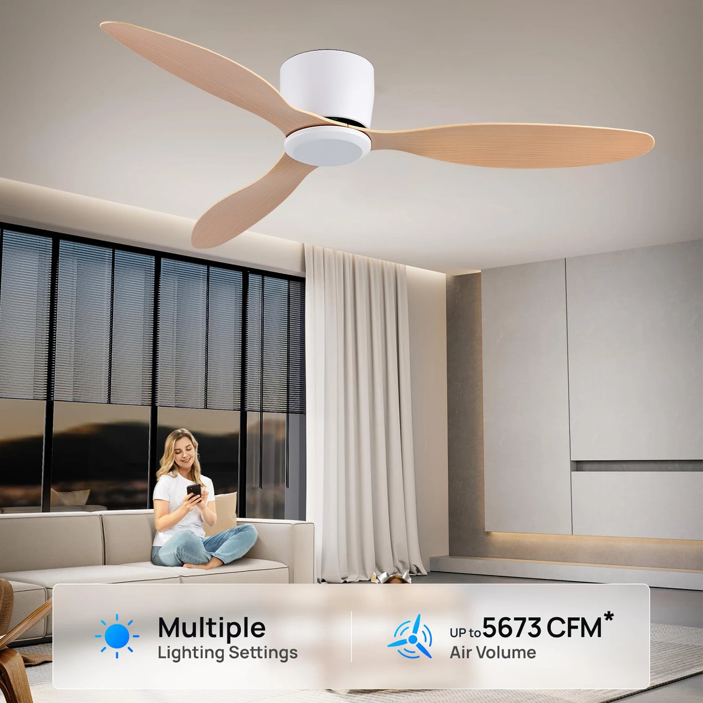 IRALAN 42inch/52inch Ceiling Fan without Light,6-Speed Reversible,Timer,Outdoor Bedroom Living Room-White/Black/Wood