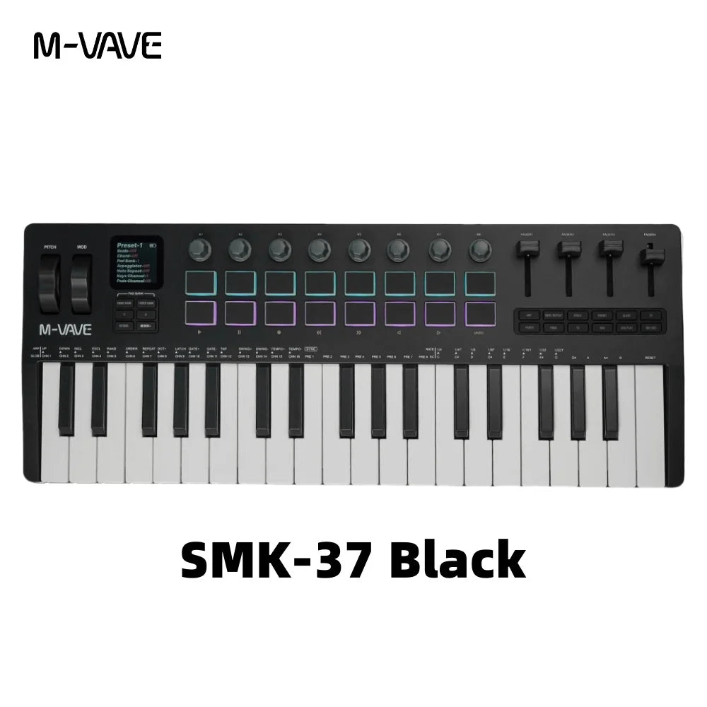 M-VAVE SMK-37 PRO MIDI Controller Keyboard 16 RGB Pads 8 Knobs Software Compatible for Music Production