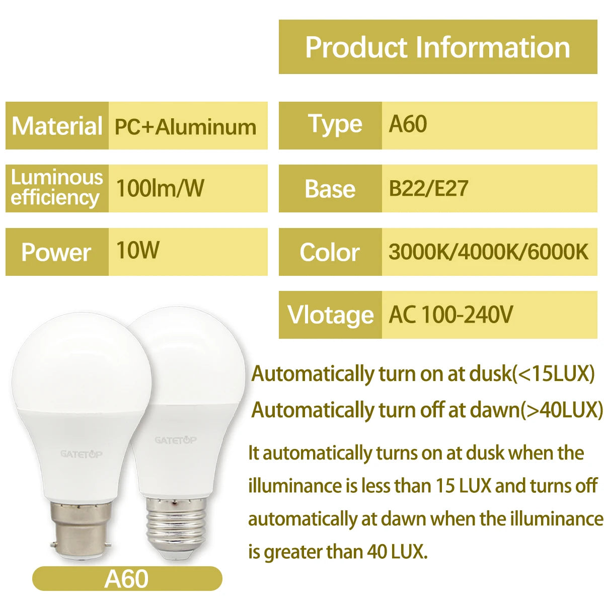 1pcs Led Bulb Light Sensor Control Bulb AC 220V 110V 10W E27 B22  Dusk to Dawn Light Bulb for The Entrance of Underground Garage
